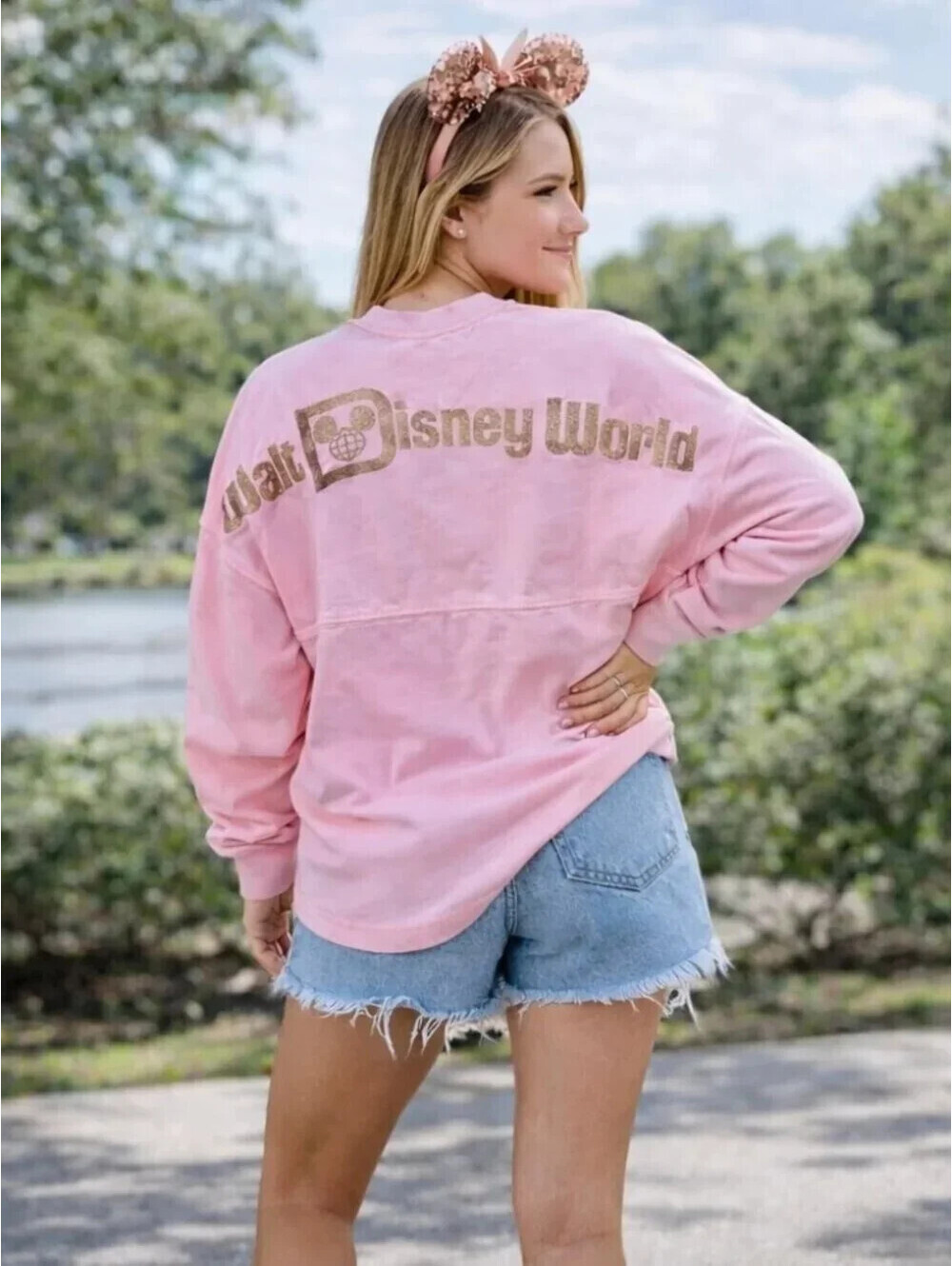 Disney Spirit Jersey Pink Adult Size XS Long Sleeve T-Shirt Gold Metallic Logo